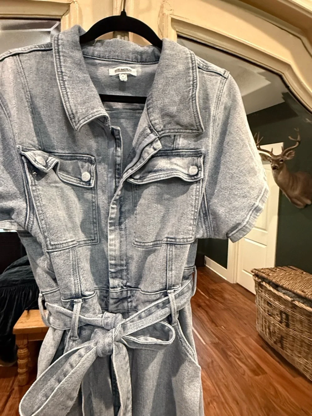 GOOD AMERICAN Light Wash Denim Utility Jumpsuit - Tie Waist - Picture 6 of 6